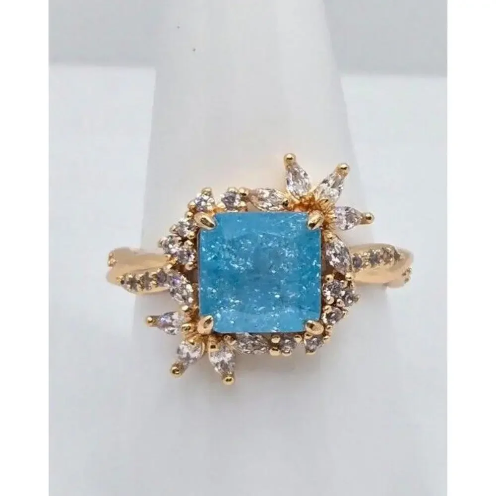 Bomb Party Ring ~ Lab Created Aquamarine Ice Crystal ~Pure Bliss ~ Size 8 - Picture 1 of 4